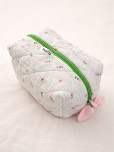 Косметичка ручной работы с карманом Migette, размер L, белая с цветами и розовым подкладом