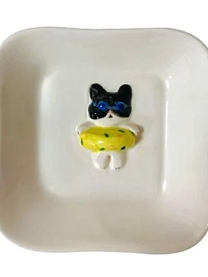 Тарелка квадратная АН2К с фигуркой внутри Котик-пончик, зелёный, керамика, 14 см