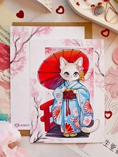 Открытка Лавкот «Кошечка в японском наряде», А6