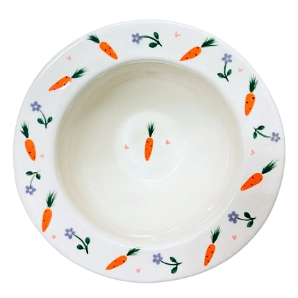 Тарелка глубокая ручной работы Slowday Ceramics с морковками и сиреневыми цветами «Винтаж», керамика, 19 см, фото 1.