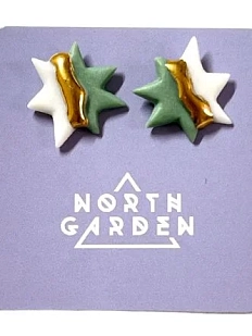 Серьги-гвоздики  ручной работы звёздочки с позолотой, фарфор
