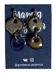 Серьги Мария Гордеева ассиметричные составные, керамика, серые с синим и коричневым