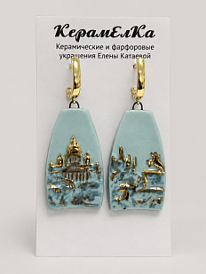 Серьги КерамЕлКа «Медный всадник», фарфор, мятно-золотистые