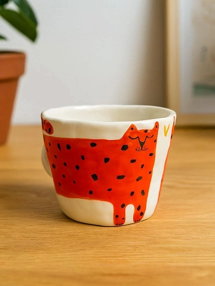 Чашка для чая ручной работы Кот красная, керамика, 250 мл, фото 3.