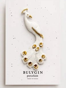 Брошь ручной работы Фарфор Булыгина «Павлин», бело-золотистая