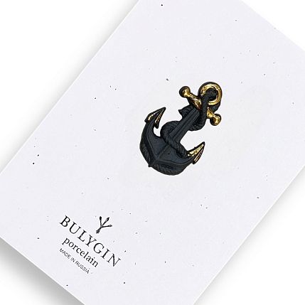 Брошь ручной работы Bulygin «Якорь», фарфор, чёрно-золотистая, фото 1.