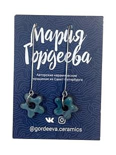 Серьги на длинной петле Цветочки, керамика, бирюзовые