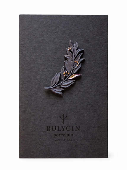 Брошь ручной работы Фарфор Булыгина «Веточка оливы», чёрно-золотистая, фото 2.