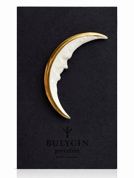 Брошь ручной работы Bulygin «Месяц», фарфор, бело-золотистая, фото 1.