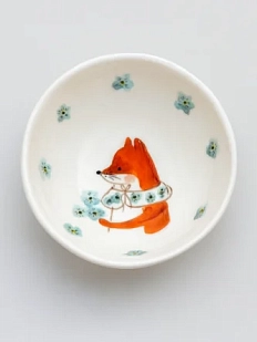 Пиала ручной работы Ким керамика с росписью внутри Лисёнок с незабудками, белая, фарфор, 10 см