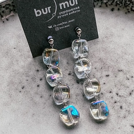 Серьги Бур.Мур «Ice», ювелирный сплав, художественное стекло, прозрачные, фото 3.