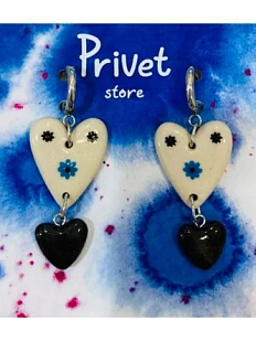 Серьги-конго ручной работы Звер с бусиной «Голубой цветок с черными сердечками», белый, керамика