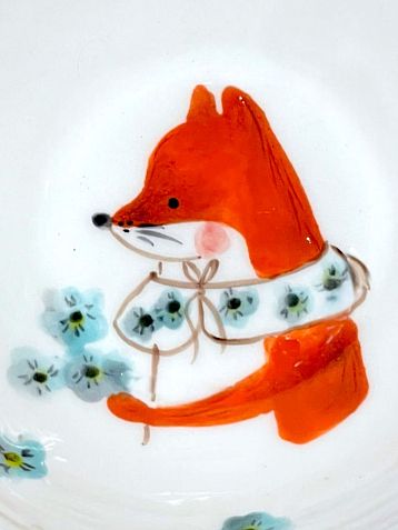 Пиала ручной работы с росписью внутри Лисёнок с незабудками, белая, фарфор, 10 см, фото 3.