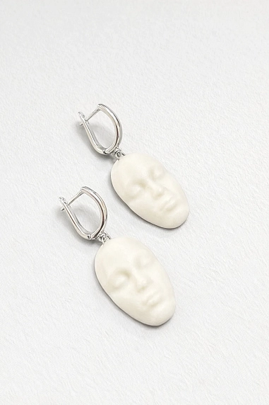 Серьги КерамЕлКа «Лица овальные», фарфор, белые матовые, фото 1.