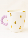 Кружка ручной работы из фарфора, белая с золотыми каплями и фиолетовой ручкой, объём 300 мл, превью фото 2