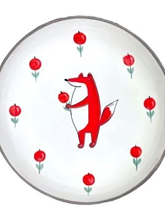 Тарелка ручной работы Ким керамика с бортиком Лис с клюквой, белая, 13 см