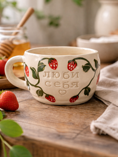 Кружка ручной работы с клубникой «Люби себя», керамика, 300 мл