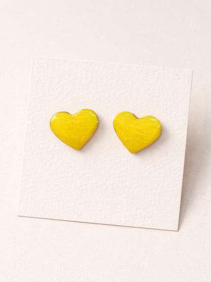 Серёжки-гвоздики Сердечки, дерево, жёлтые, фото 1.