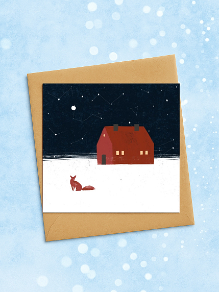 Квадратная зимняя сканди открытка «Красный домик и лиса», фото 2.