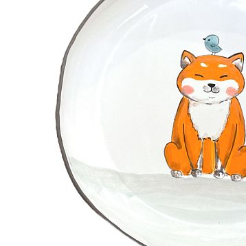 Тарелка ручной работы Ким керамика с бортиком Сиба-ину с птичкой, белая, 17 см, фото 2.