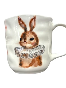 Кружка ручной работы Ким керамика с росписью Зайка в жабо с розовыми ромбиками, фарфор, 350 мл