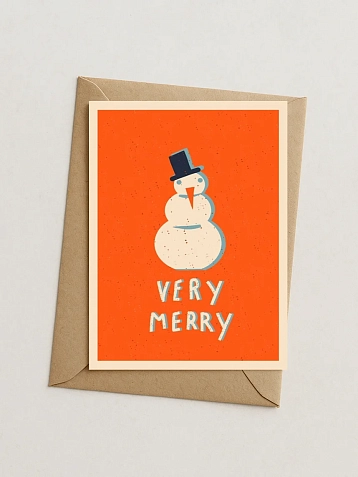 Открытка DARI DARI ретро со снеговиком на Новый год «Very Merry», А6, фото 2.