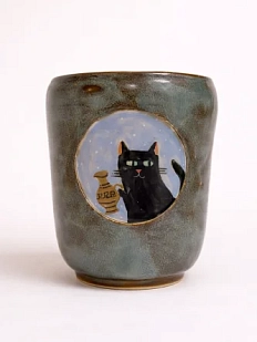 Стакан ручной работы Коврижка «Черный кот», керамика, лазурный