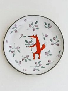Тарелка ручной работы Ким керамика с бортиком Лис с сиренью, белая, 13 см