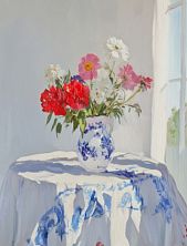 Постер интерьерный DARI DARI «Ваза с цветами на бело-голубой скатерти», А4
