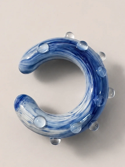 Кафф глянцевый Лампджой, стекло, синий с разводами в горошек , фото 2.