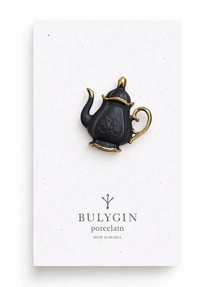 Брошь ручной работы Фарфор Булыгина «Кофейник», чёрно-золотистая, фото 1.