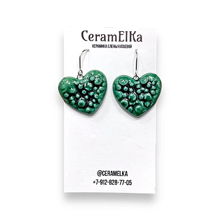 Серьги на петле КерамЕлКа Сердца с пузырями, керамика, тёмно-зелёные, фото 1.