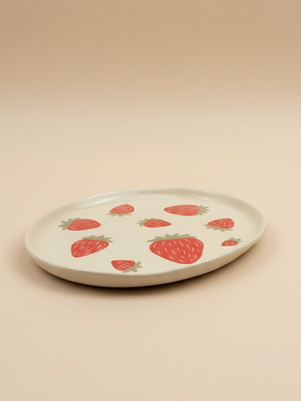 Тарелка ручной работы Малёма с росписью Клубника, коричневая, керамика, 21 см, фото 2.