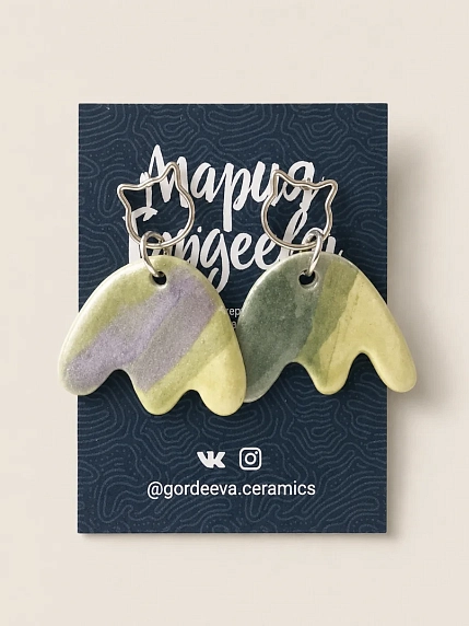 Составные серьги Мария Гордеева Цветы, керамика, серо-зелёные, фото 1.