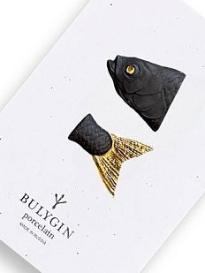 Брошь ручной работы Bulygin «Рыбий хвост» большая, фарфор, чёрно-золотистая