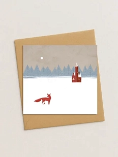 Квадратная зимняя сканди открытка «Пейзаж с лисицей»