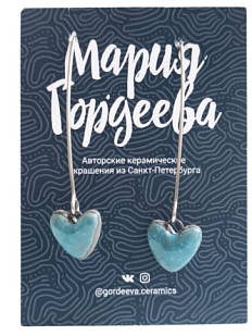 Серьги на длинной петле Сердечки, керамика, мятные