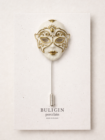 Брошь ручной работы Фарфор Булыгина «Венецианская маска», бело-золотистая, фото 5.