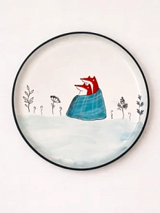 Тарелка ручной работы Ким керамика с бортиком Пара лисичек с пледом, белая, 21 см