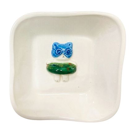 Тарелка квадратная с фигуркой внутри Котик-пончик, зелёный, керамика, 14 см, фото 4.