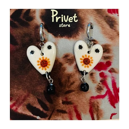 Серьги-конго Звер с бусиной «Подсолнухи», керамика, белый, фото 1.