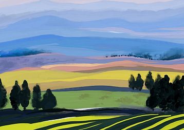 Постер интерьерный «Пейзаж с полями и горами», А3, фото 1.