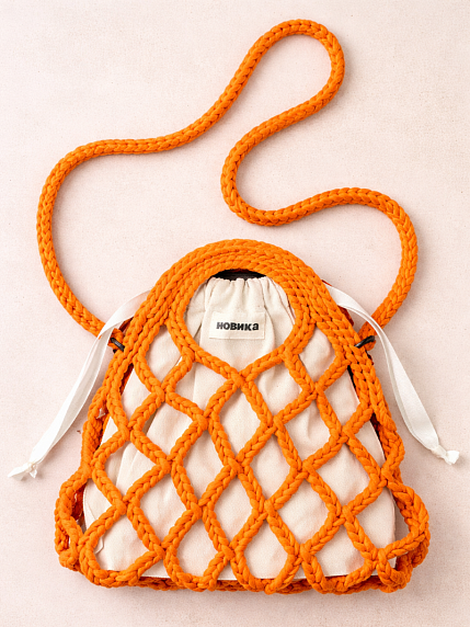 Авоська вязаная ручной работы, ярко-оранжевая, фото 1.