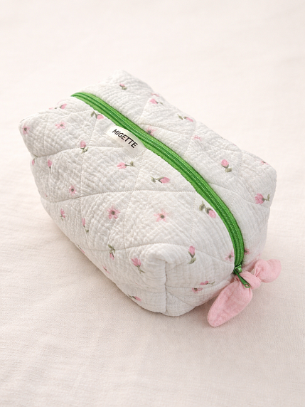 Косметичка ручной работы с карманом Migette, размер L, белая с цветами и розовым подкладом, фото 1.