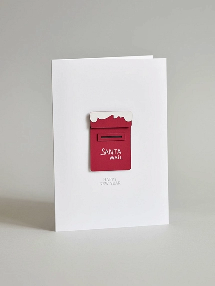 Открытка ВОЕ с деревянными элементами «Happy New Year c почтовым ящиком Санты», открывающаяся, фото 1.