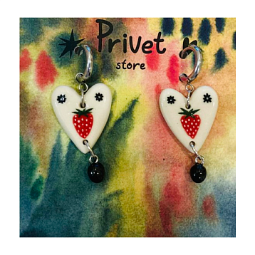 Серьги-конго ручной работы с бусиной «Клубнички», белый, керамика, фото 1.