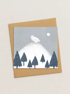 Квадратная зимняя сканди открытка «Сова на горе»