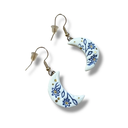 Серьги ручной работы Быкова керамика «Синие цветы»‎, полные полумесяцы, фарфор, фото 2.