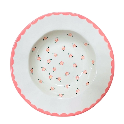 Тарелка глубокая с полями ручной работы Slowday Ceramics с розовыми цветочками «Винтаж», керамика, 25 см, фото 1.