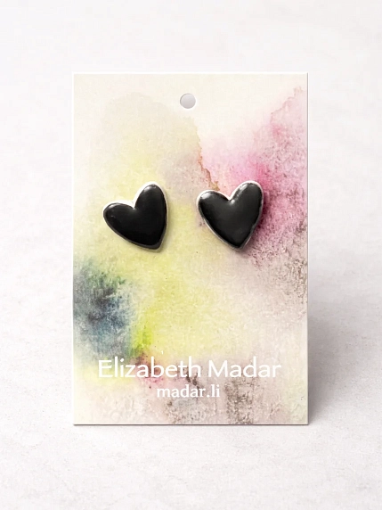 Серёжки-гвоздики Elizabeth Madar Сердечки, керамика, чёрные, фото 1.